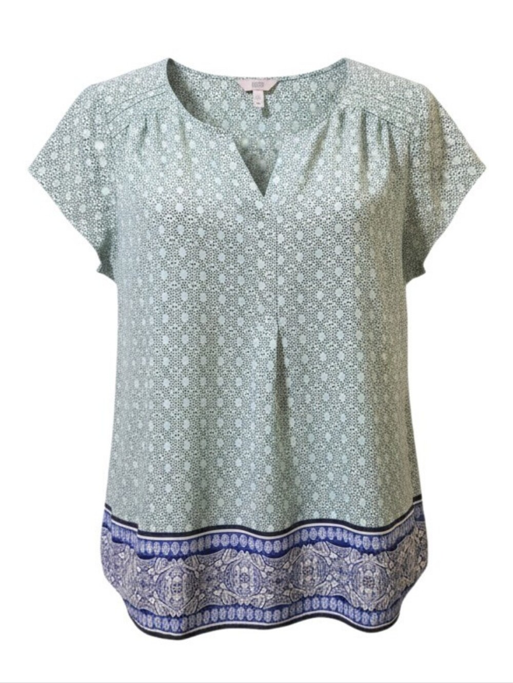 CROFT & BARROW Light Green Printed Short-Sleeve Tunic with Blue Border